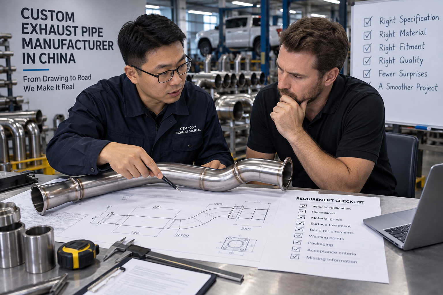 Custom exhaust pipe manufacturer in China reviewing exhaust pipe drawings and samples